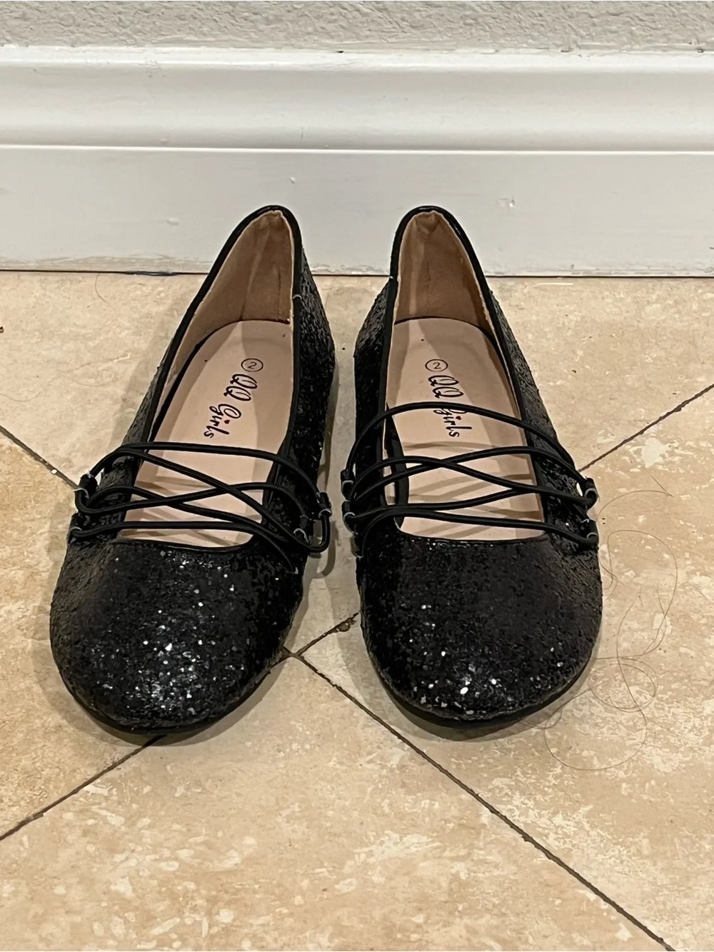 Glitter Ballet Flats with Elastic Straps - Black